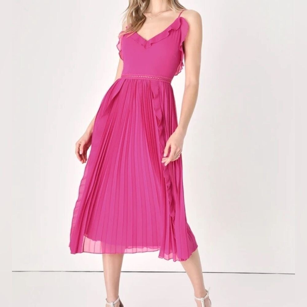 Lulu's Hot Pink Ruffled V-Neck Pleated Midi Dress